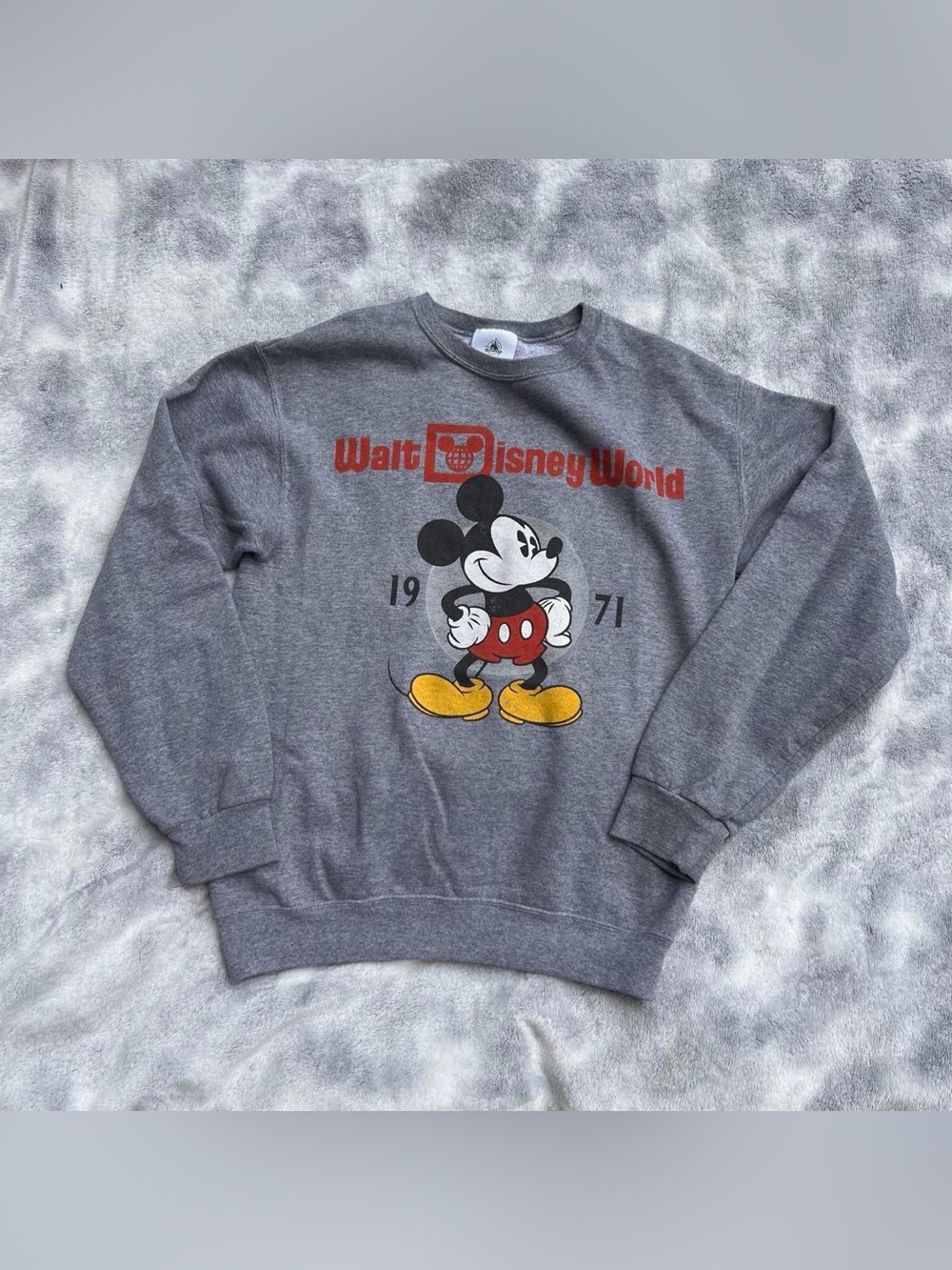 Disney Gray Mickey Mouse Crewneck Sweatshirt with Red Logo